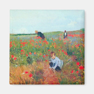 Het plukken van bloemen in een veld, Mary Cassatt Magneet