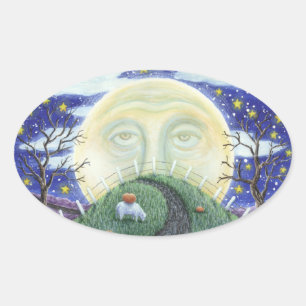 HET POMPOEN MAN, FOLK ART HALLOWEEN STICKERS Ovaal