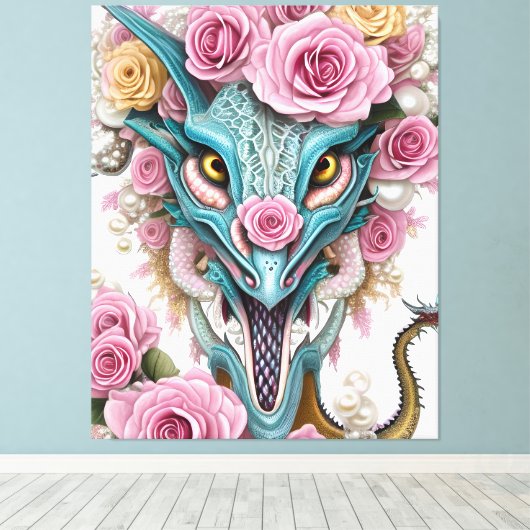 Het portret van een mooie roze roze drakenkop canvas afdruk (Insitu (Houten vloer))