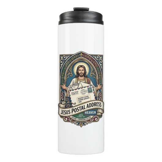Het postadres van Jezus is de hemel Het postadres Thermosbeker (Voorkant)