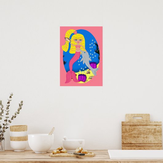 Het Poster Roze zeemeermin en Dolphin (Keuken)