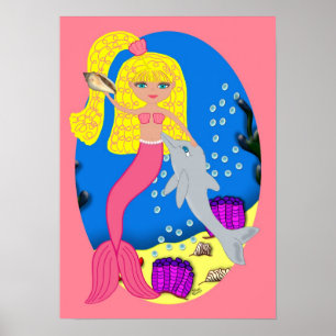 Het Poster Roze zeemeermin en Dolphin