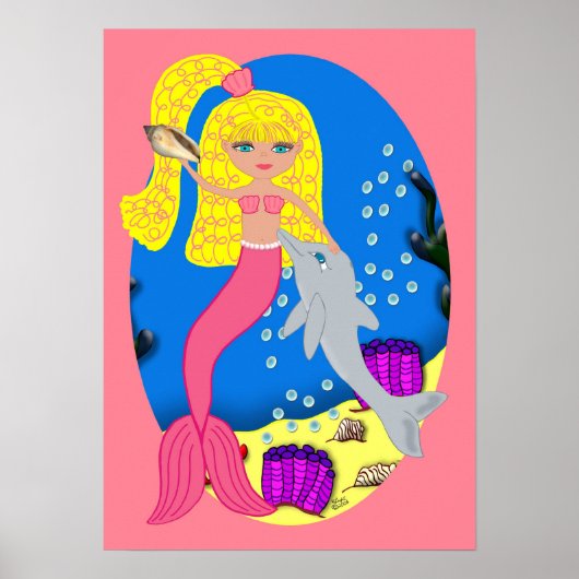 Het Poster Roze zeemeermin en Dolphin (Voorkant)