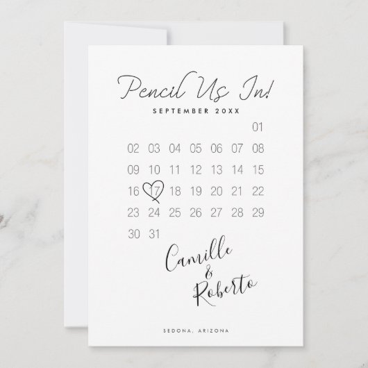 Het potlood in kalender Moderne Minimale Paar Foto Save The Date (Voorkant)