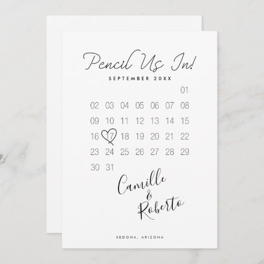 Het potlood in kalender Moderne Minimale Paar Foto Save The Date (Voorkant / Achterkant)