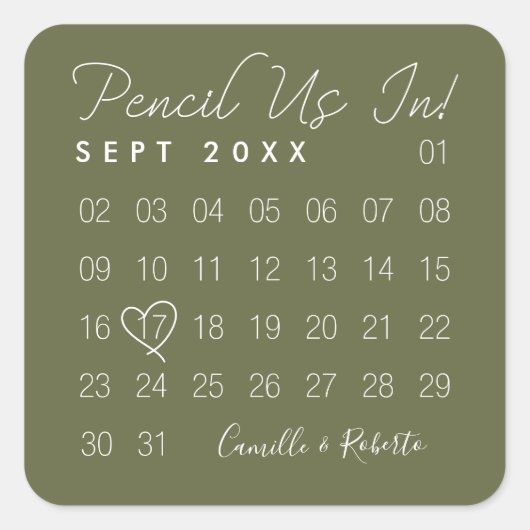Het potlood ons in minimale groene kalender sparen vierkante sticker (Voorkant)