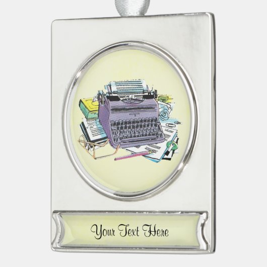 Het potlood van het Schrijfmachine van de Schrijfm Verzilverd Banner Ornament (Links)