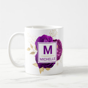 Het prachtige Deep Paars en Gold Flowers Monogram Koffiemok