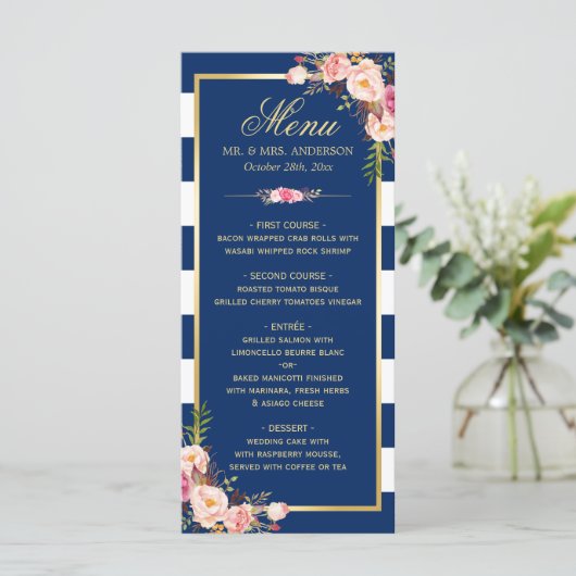 Het prachtige menu van de Floral Navy Blue Striped (Staand voorkant)