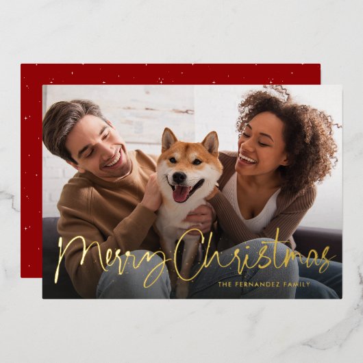 Het prettige kerstscript is eenvoudig één foto roo folie feestdagenkaart (Voorkant / Achterkant)