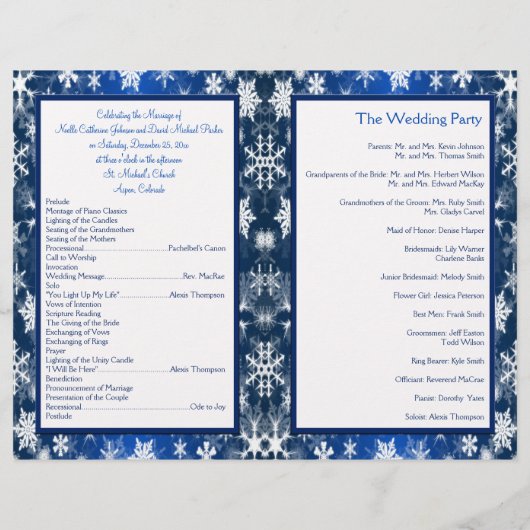 Het programma Blauwe en Witte Snowflakes Wedding (Achterkant)