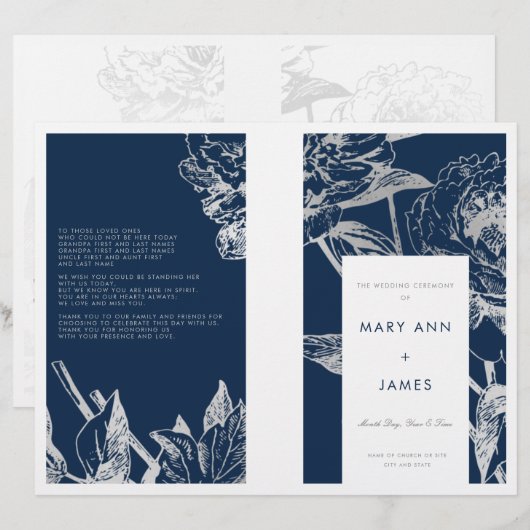 Het programma Eenvoudig Floral Silver Navy Blue (Voorkant / Achterkant)