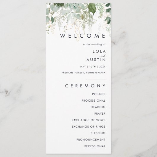 Het programma Greenery en Gold Leaf Wedding Programmakaart (Voorkant)