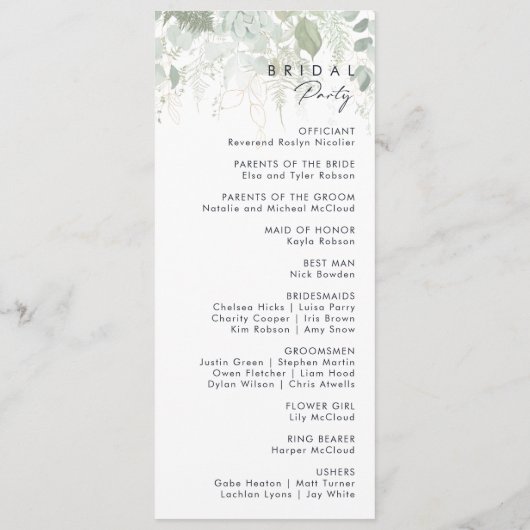 Het programma Greenery en Gold Leaf Wedding Programmakaart (Achterkant)