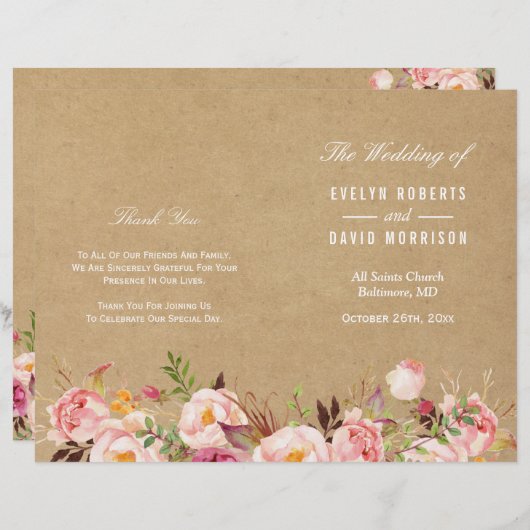 Het programma Rustic Floral Kraft Folded Wedding (Voorkant / Achterkant)