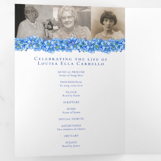 Het programma van de begrafenisdienst blauw vergee (Binnenzijde eerst)