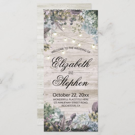 Het Programma van de bruiloft Rustic Hood Floral & Programmakaart (Voorkant / Achterkant)