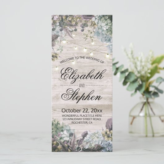 Het Programma van de bruiloft Rustic Hood Floral & Programmakaart (Staand voorkant)