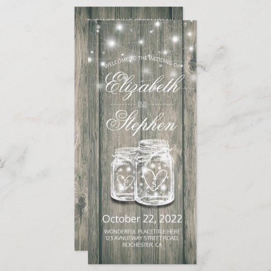 Het Programma van de bruiloft Rustic Wood Mason Ja Programmakaart (Voorkant / Achterkant)