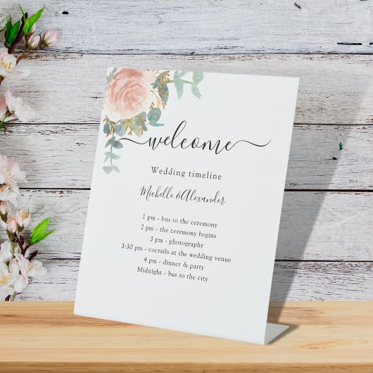 Het programma van het huwelijk roos gouden bloem reclamebord met voetstuk