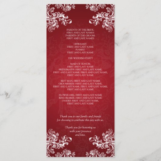 Het Programma van het huwelijk  Zwemelen 2 Rood Programmakaart (Achterkant)