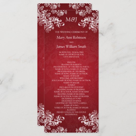 Het Programma van het huwelijk  Zwemelen 2 Rood Programmakaart (Voorkant / Achterkant)