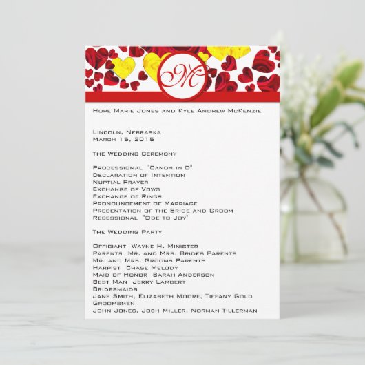 Het programma voor het huwelijk van Gele en Rode R Programmakaart (Staand voorkant)