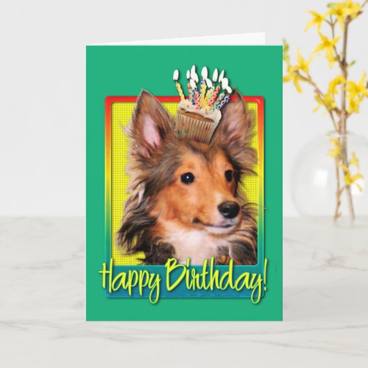 Het Puppy Cupcake - Sheltie van de verjaardag - Kaart (Gele Bloem)