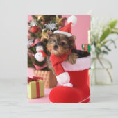 Het Puppy en Kerstmis van Yorkshire Terrier Feestdagenkaart (Staand voorkant)