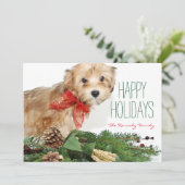 Het puppy van Kerstmis met rode boog Feestdagenkaart (Staand voorkant)