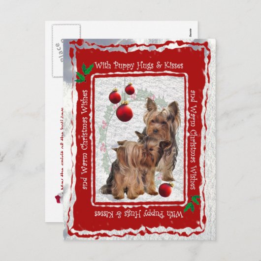 Het Puppy van Kerstmis van Yorkie koestert en kust Feestdagenkaart (Voorkant / Achterkant)
