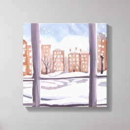 Het raam van Mema | Snowy City Window Painting Canvas Afdruk