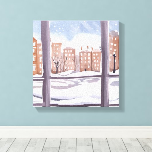 Het raam van Mema | Snowy City Window Painting Canvas Afdruk (Insitu (Houten vloer))