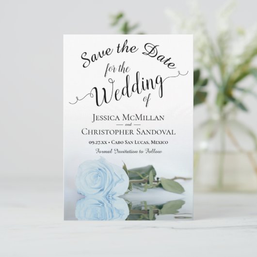 Het reflecteren van een licht donkerblauw Roos Rom Save The Date (Staand voorkant)