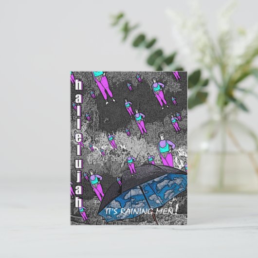Het regent Mannen! Briefkaart (Staand voorkant)