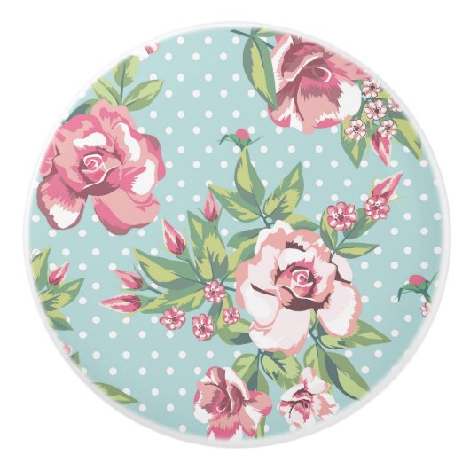 Het rendabele moderne roos met stippen blauwe kas keramische knop (Voorkant)