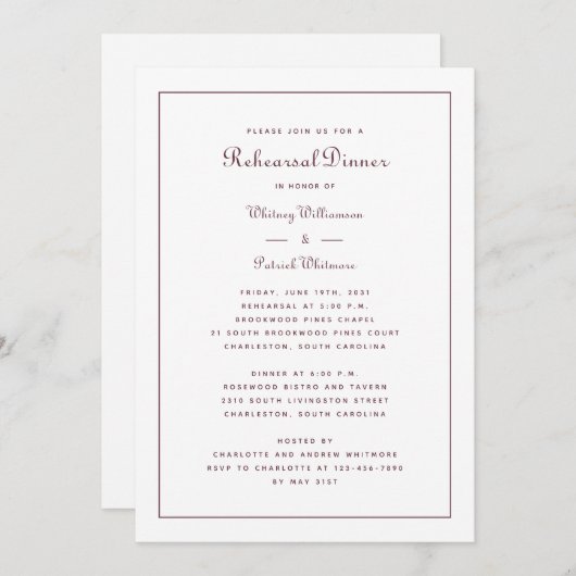 Het repetitieve Dinner Wedding Elegant Bourgundy M Kaart (Voorkant / Achterkant)