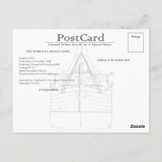 Het RMS Queen Mary Briefkaart Collectie (Achterkant)