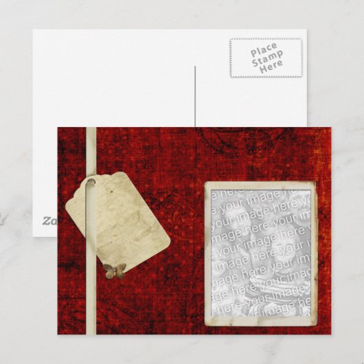 het rode antiek fotomalplaatje van het label briefkaart (Voorkant / Achterkant)