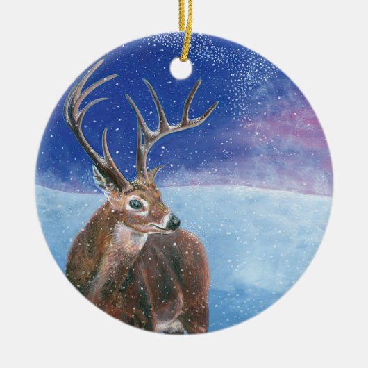 Het rode Deer Cervus elaphus en het winterlandscha Keramisch Ornament (Voorkant)