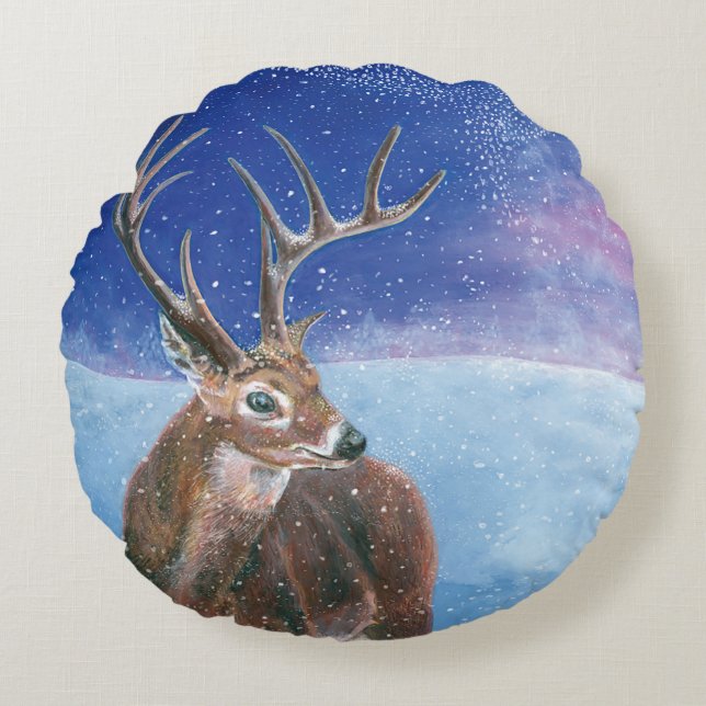 Het rode Deer Cervus elaphus en het winterlandscha Rond Kussen (Voorkant)