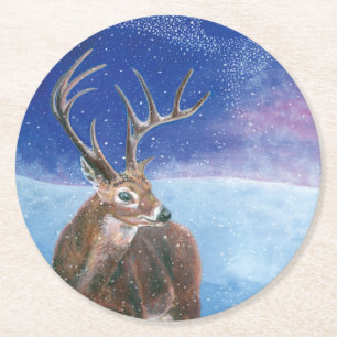 Het rode Deer Cervus elaphus en het winterlandscha Ronde Kartonnen Onderzetter