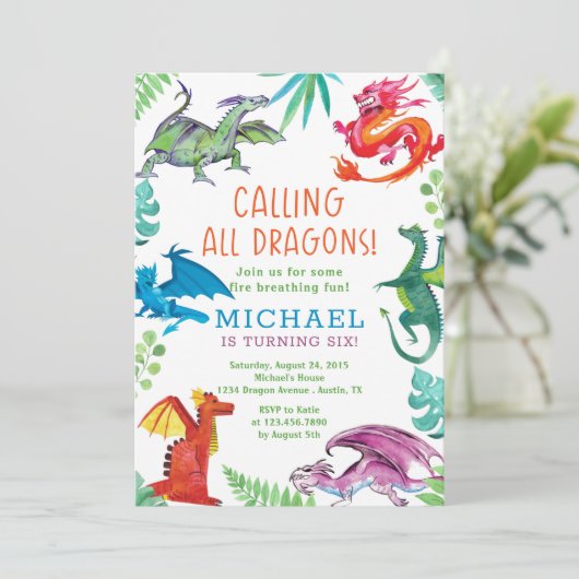 Het roepen van alle dragons verjaardagspartij kaart (Staand voorkant)