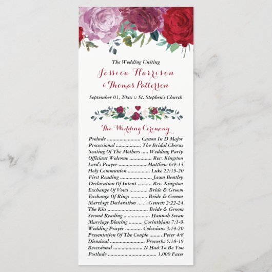 Het Romantische Collectie van het Floral Wedding Programmakaart (Voorkant)