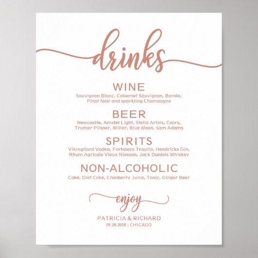 Het Roos Gold Calligrafie van het Drink Bar-menu Poster (Voorkant)