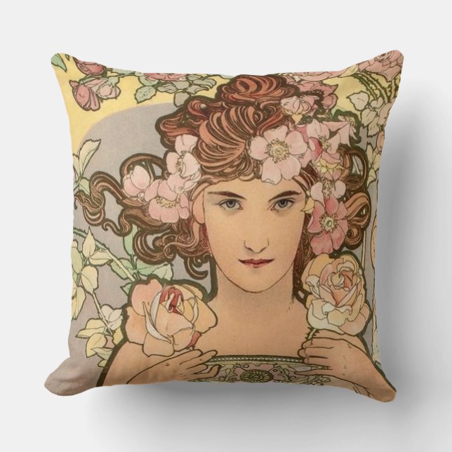 Het Roos van Mucha Kussen (Voorkant)