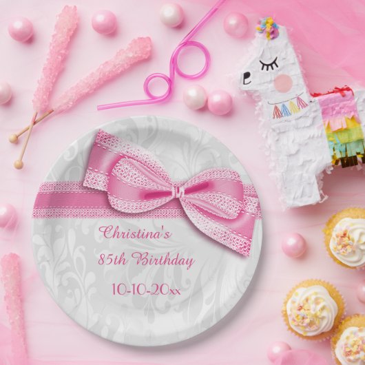 het Roze Damast van de 85ste Verjaardag en Boog Papieren Bordje (Feest)