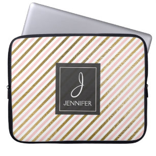 Het roze en Gouden Elegante Monogram van de Streep Laptop Sleeve