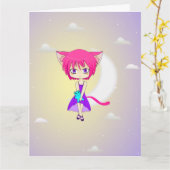 Het roze Haired Meisje van Neko Anime, Wenskaart Kaart (Gele Bloem)