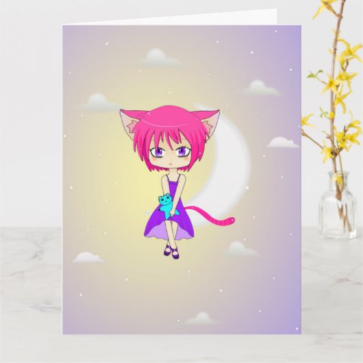Het roze Haired Meisje van Neko Anime, Wenskaart Kaart (Gele Bloem)